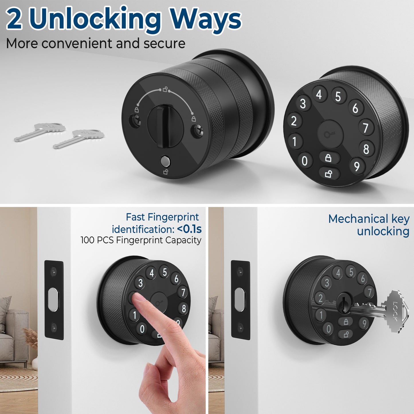FITNATE 447 Electronic Door Knob with Keypad and Key, 100 Codes