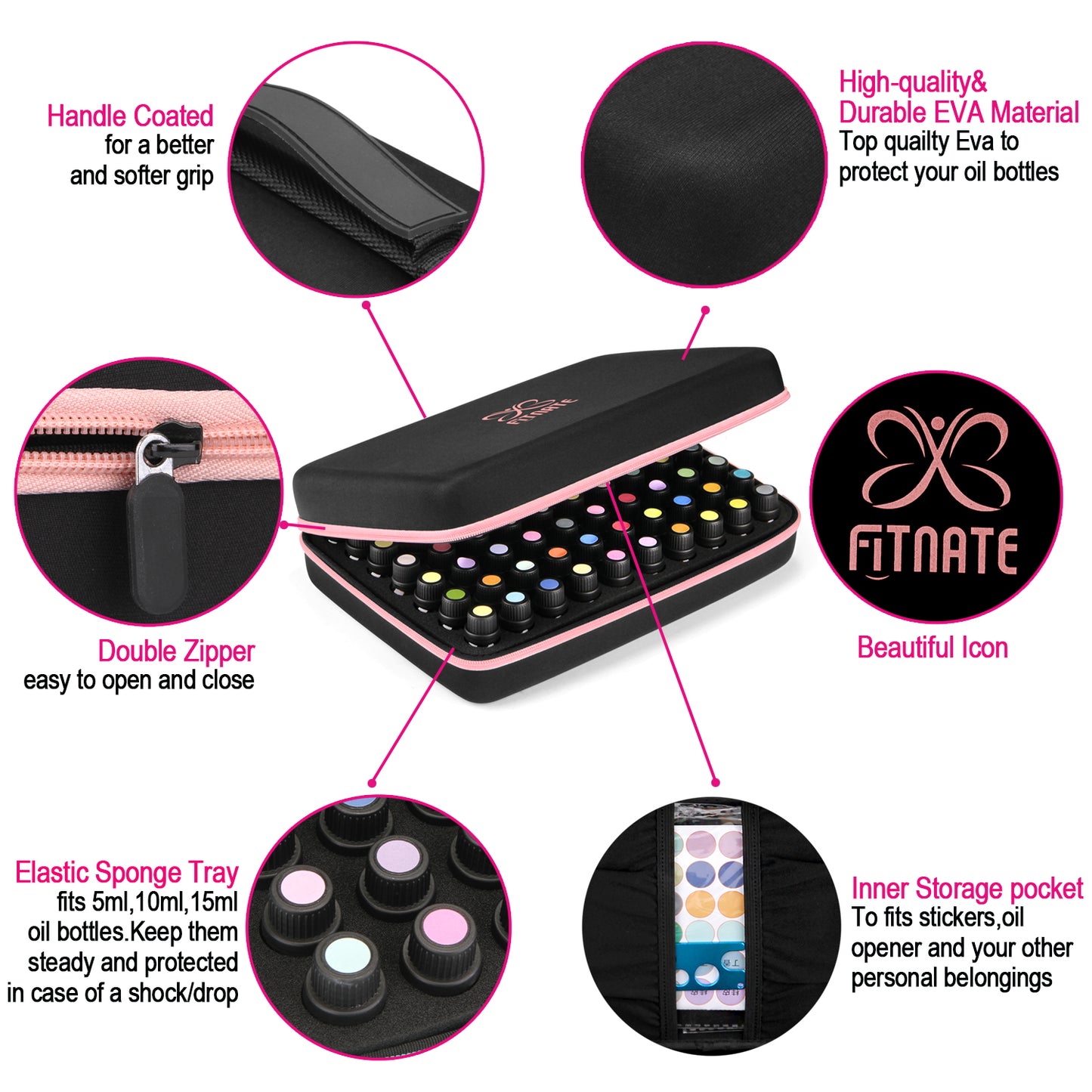 FITNATE 0140 Essential Oils Case for 5ml 10ml 15ml Essential Oils (70 bottles, Pink)