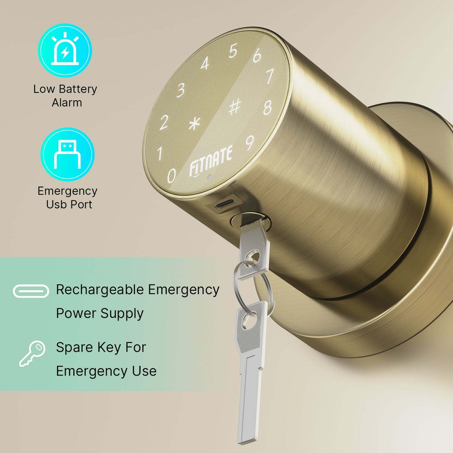 FITNATE 395 Touchscreen Keypad Door Knob, Bronze Gold