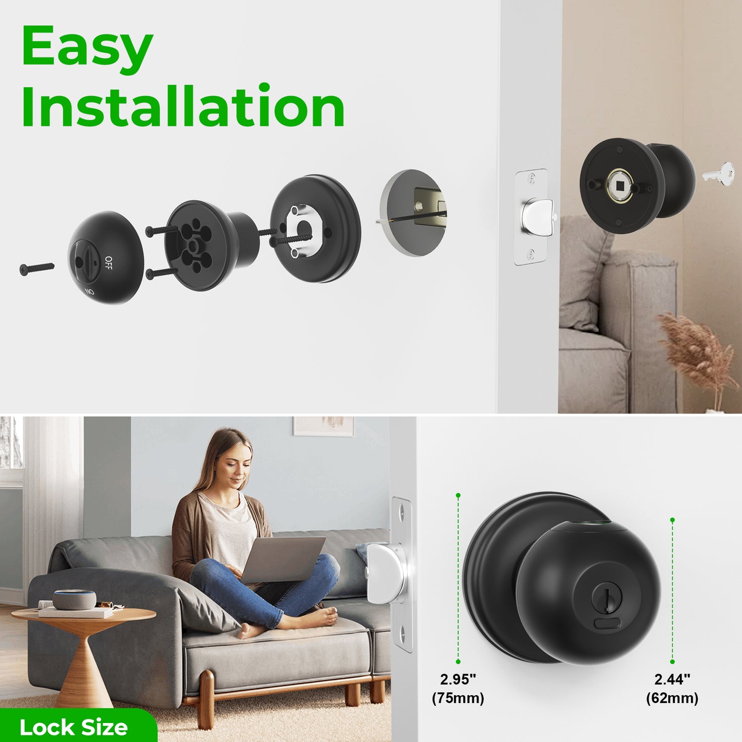 FITNATE 0436 Smart Fingerprint Door Knob - Biometric Door Lock