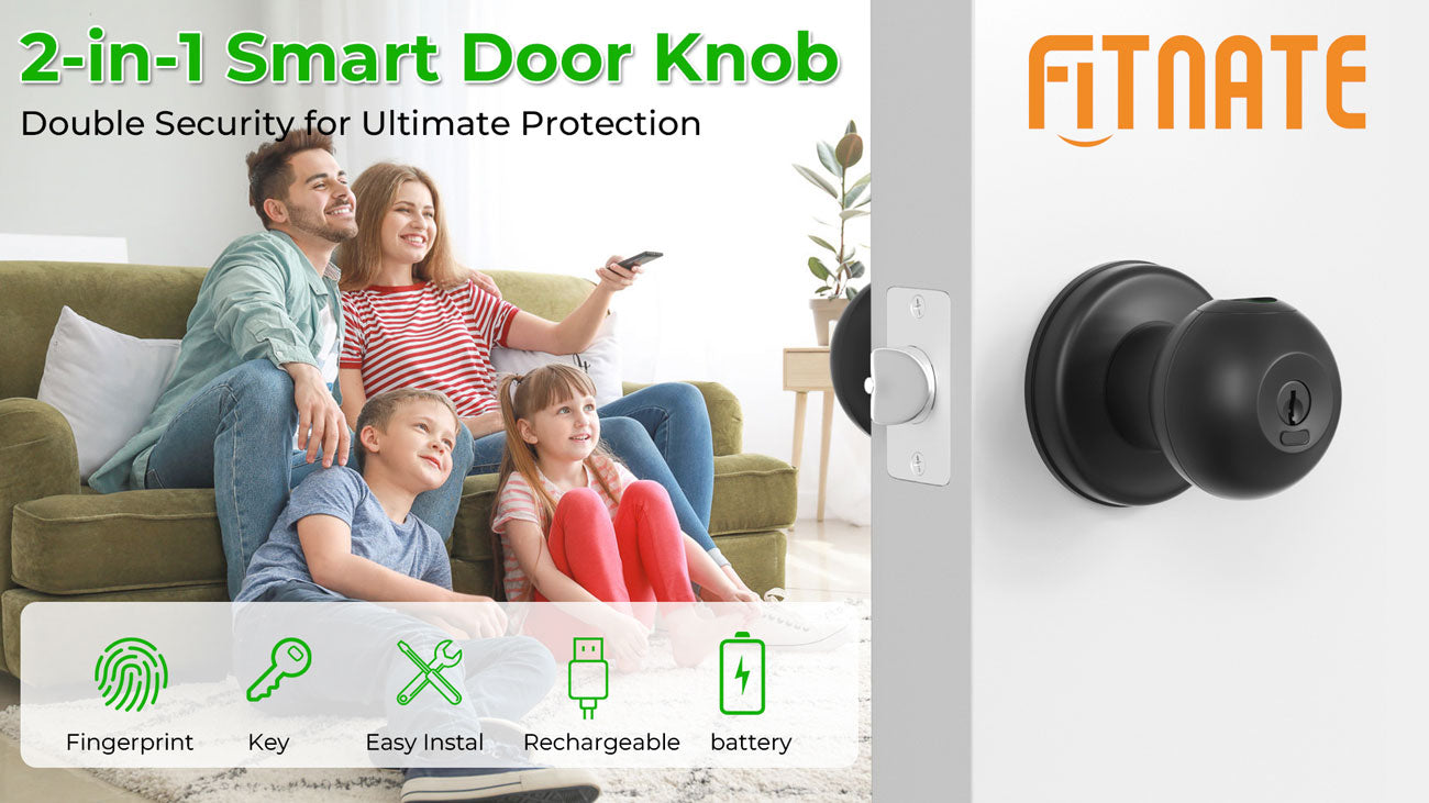 FITNATE Biometric Door Lock - Fingerprint & Key Entry, Rechargeable Smart Door Handle For Bedrooms, Offices, Hotels